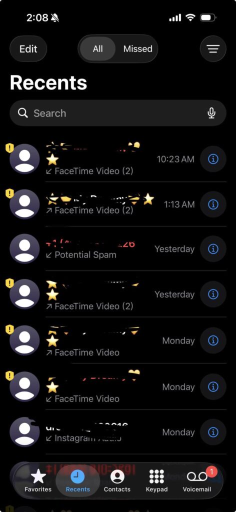 What does the yellow exclamation mark mean on facetime call log