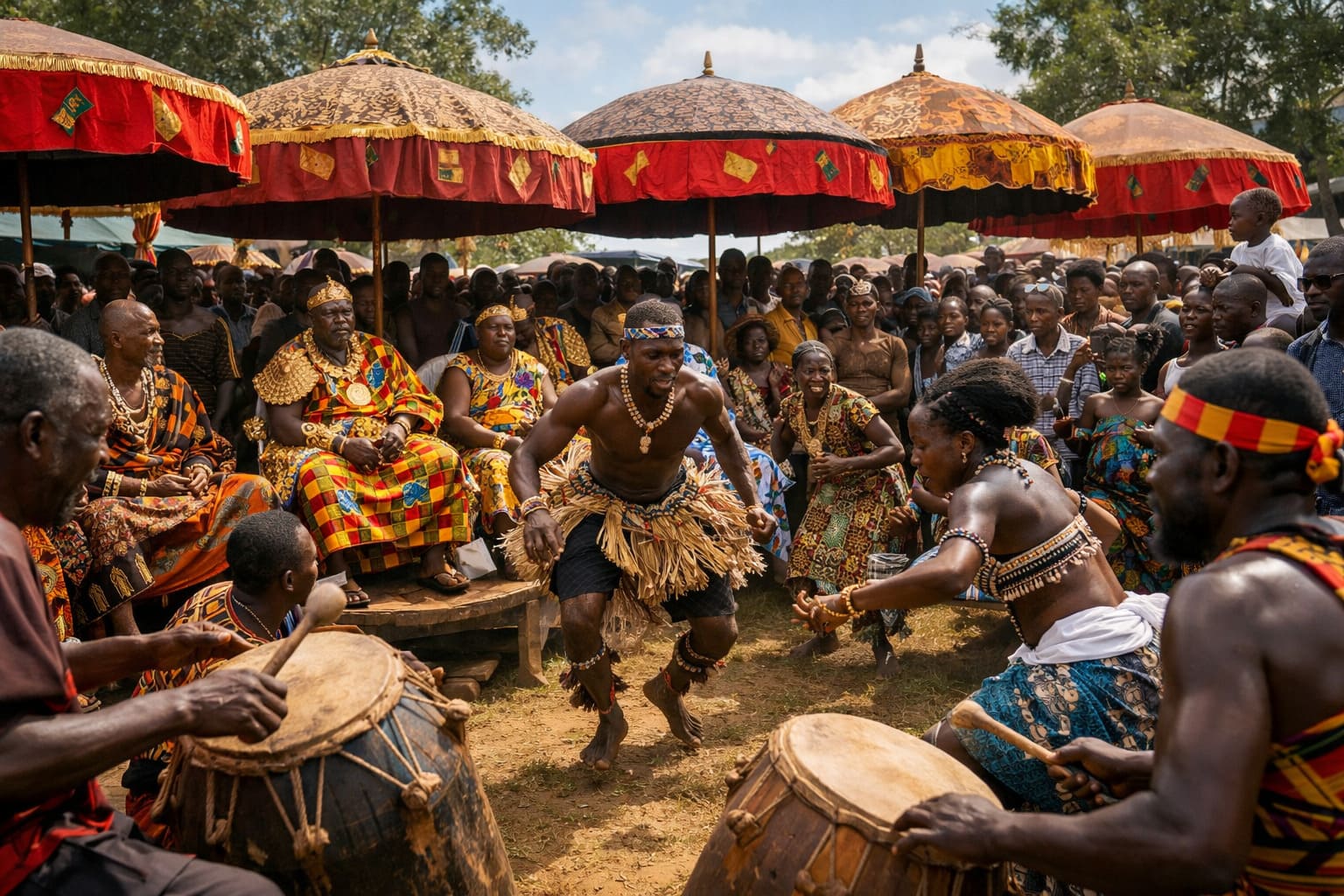 Traditional festivals in Ghana with music, dance, and community gatherings