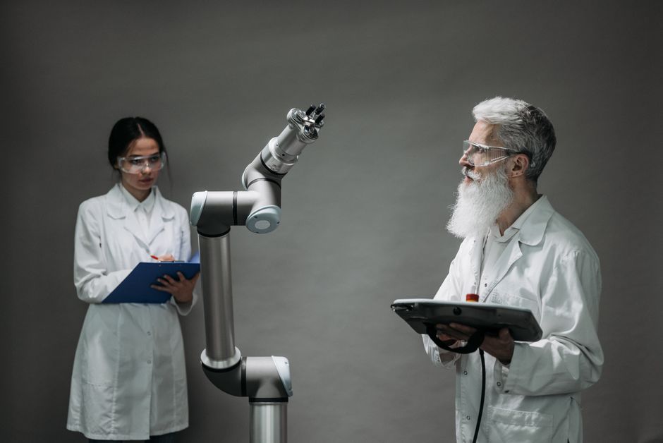 AI research team collaborating in a modern laboratory office