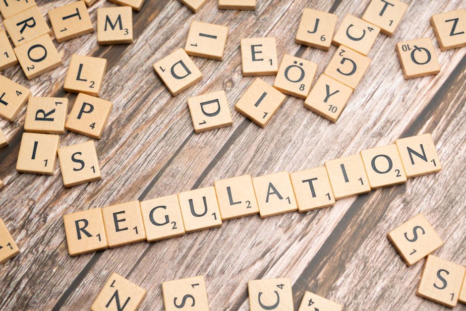 Technology regulation concept with AI and government building