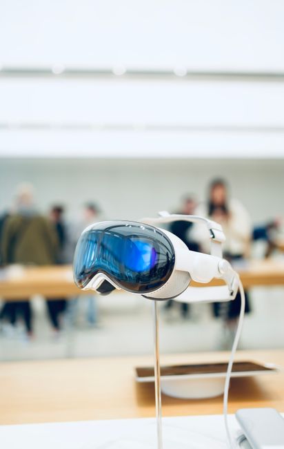 Person wearing smart augmented reality glasses outdoors