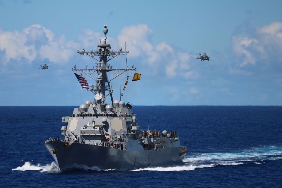 US Navy warship on patrol in open ocean