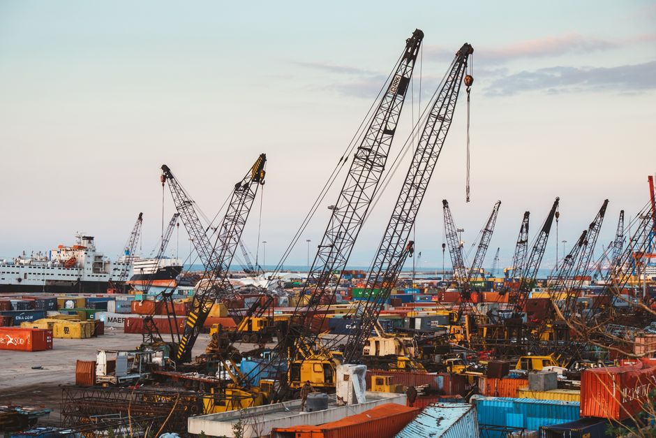 Large container port under construction aerial view