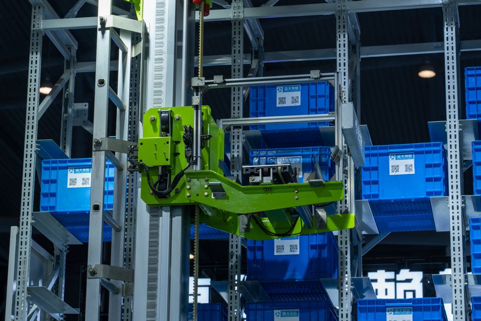 Futuristic robotics warehouse with automated AI-powered machines