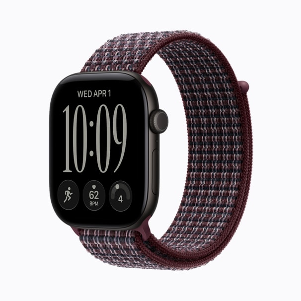 Black aluminum Apple Watch Series 12 with a burgundy plaid sport loop
