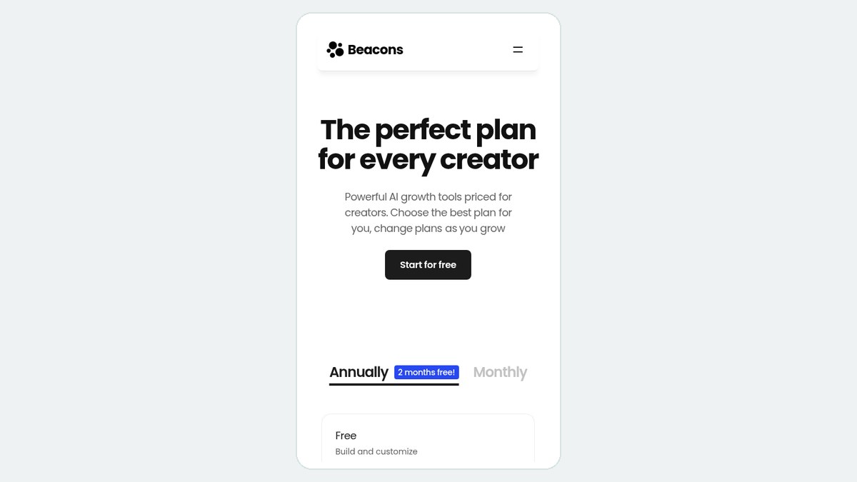 Beacons pricing page on a phone showing the annual and monthly toggle
