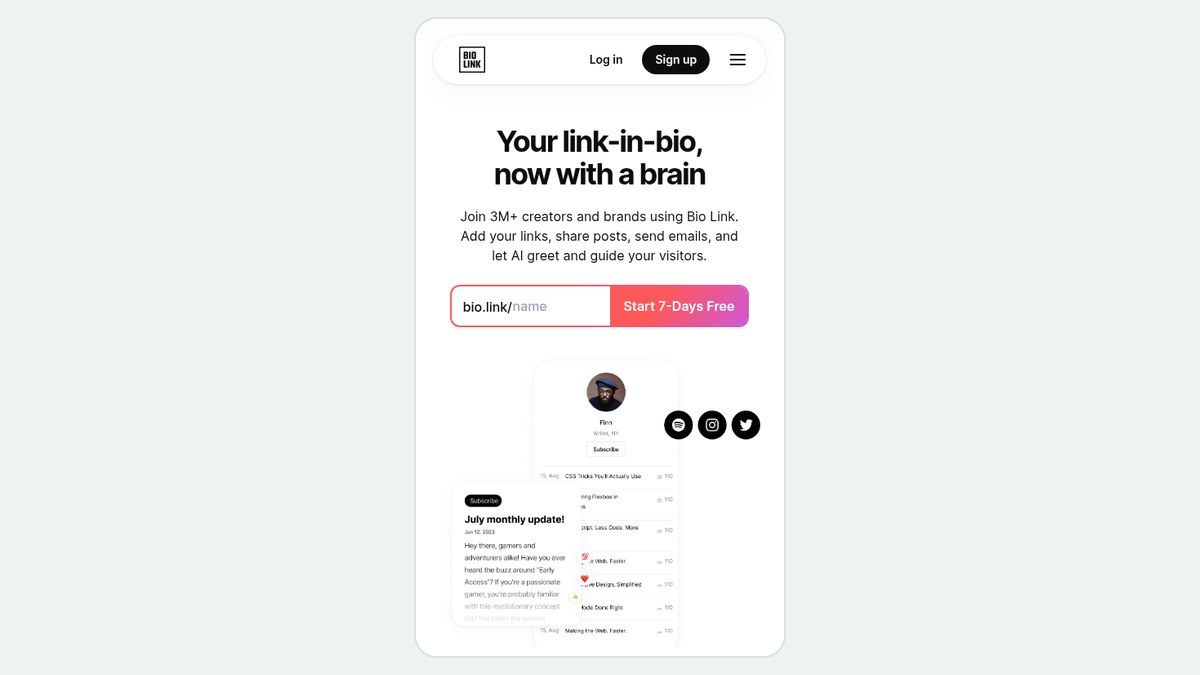 Bio.link home page on a phone showing the seven-day free trial