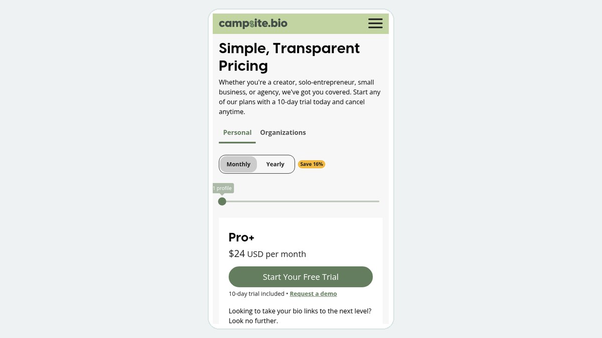 Campsite.bio pricing page on a phone showing Personal and Organizations tabs