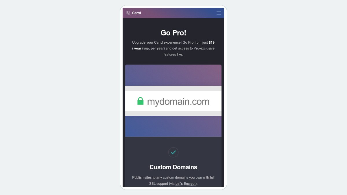 Carrd Pro page on a phone showing custom domain support