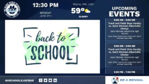 Digital signage display showing school events, weather and schedule information
