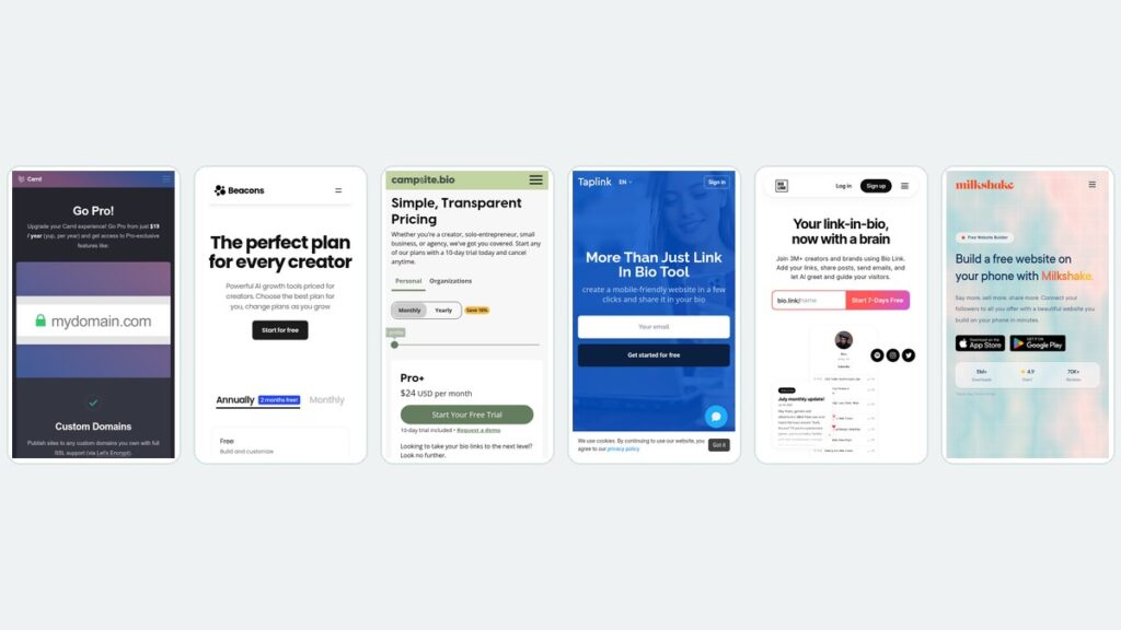 Six link in bio tools shown side by side on phone screens