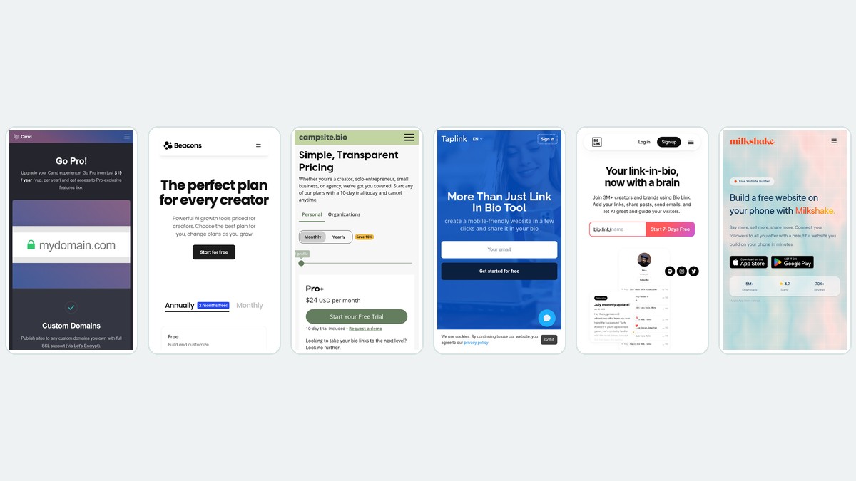 Six link in bio tools shown side by side on phone screens