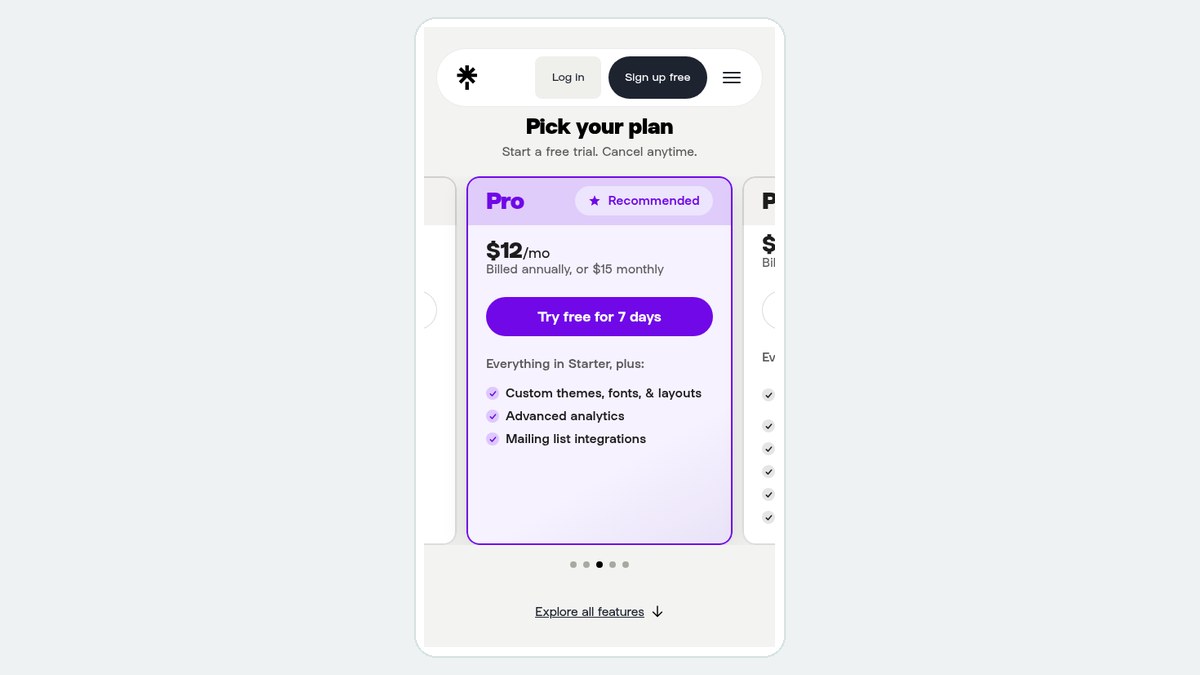 Linktree pricing page on a phone showing the Pro plan at twelve dollars a month