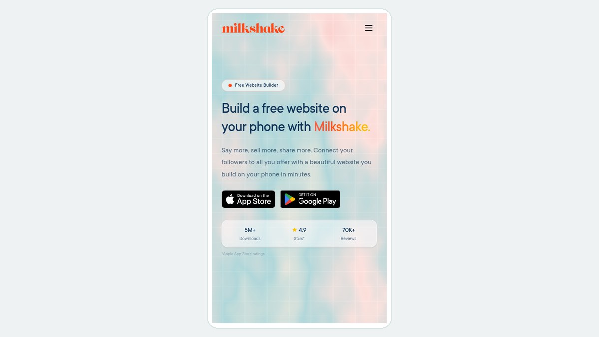 Milkshake home page on a phone showing app store badges