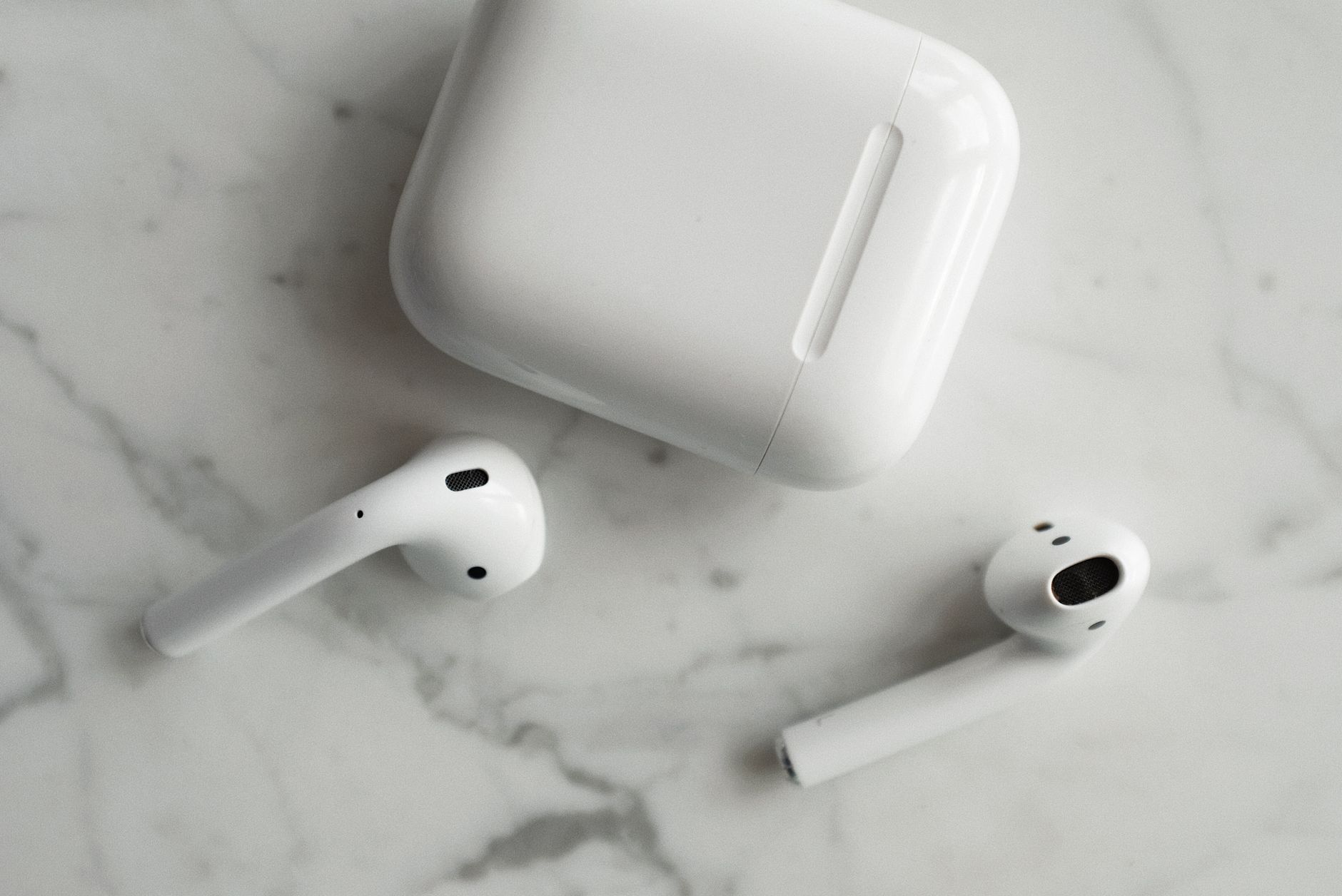 Wireless earbuds photographed close up